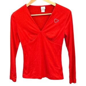 Vintage Sears JR Bazaar V-Neck Top 70s Coquette Romantic Heart Rhinestone Red